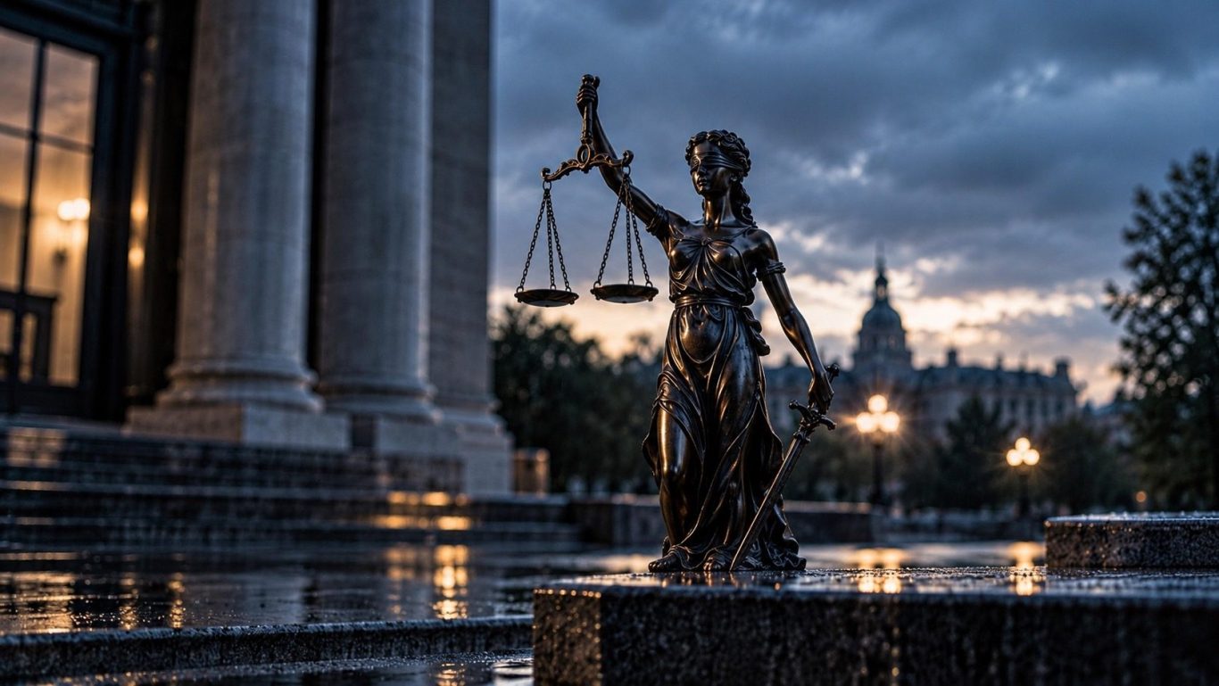 Berechtigtes Interesse bei detektifischen Einsätzen Justitia mit Waage vor einem Gerichtsgebäude in der Abenddämmerung.