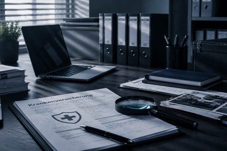 Ermittlungen bei Versicherungsbetrug Büroarbeitsplatz mit Versicherungsunterlagen als Symbol für Ermittlungen bei Versicherungsbetrug, Leistungbetrug und Verdachtsfällen.