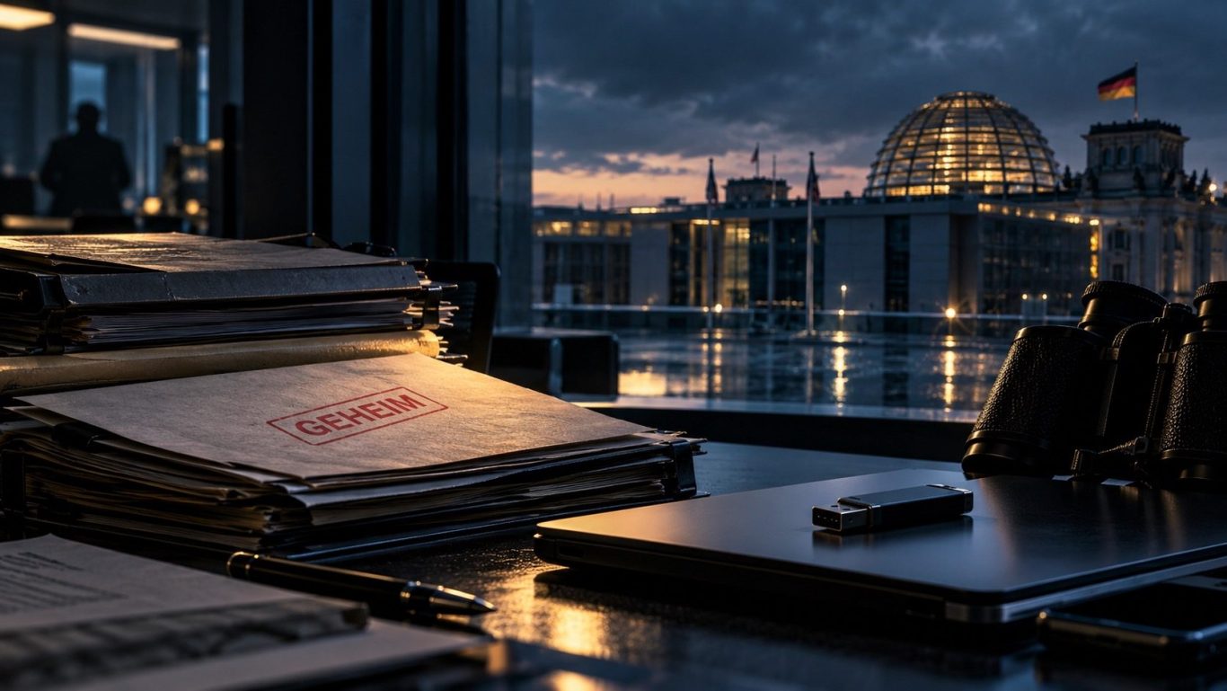 Geheimnisverrat und Wirtschaftsspionage Vertrauliche Geschäftsunterlagen auf einem Schreibtisch mit Blick auf das Regierungsviertel in Berlin