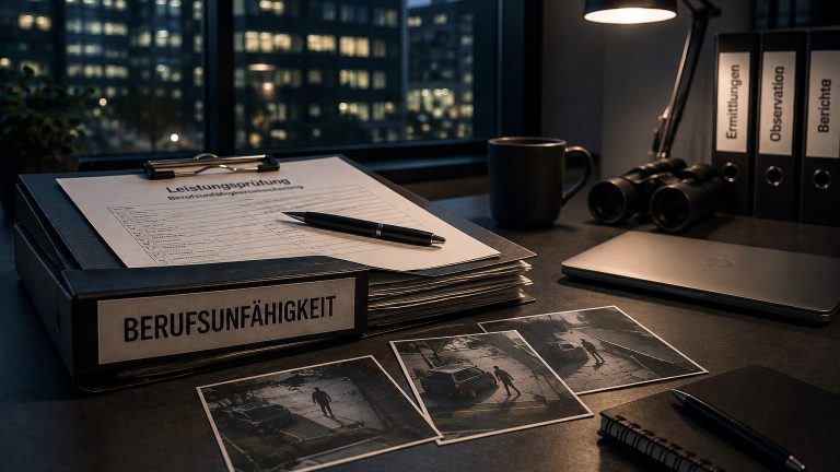 Recht auf Ermittlungen beim Verdacht auf Versicherungsbetrug Ermittlungsunterlagen zur Berufsunfähigkeit auf einem Schreibtisch mit Akten und Fotos.